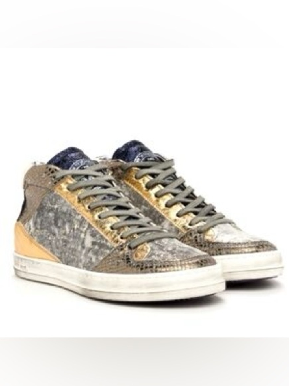 P448 Queens Mid Lurex Gray Gold Mixed Media Distressed Look Sneakers Sz 7 BNWB